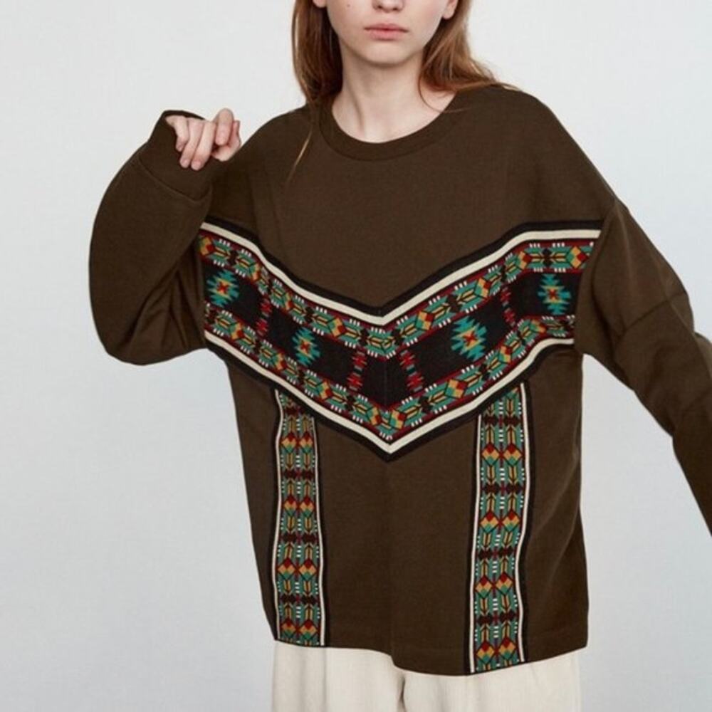 Zara Trafaluc Aztec Trim Oversized Sweatshirt Olive Green US S